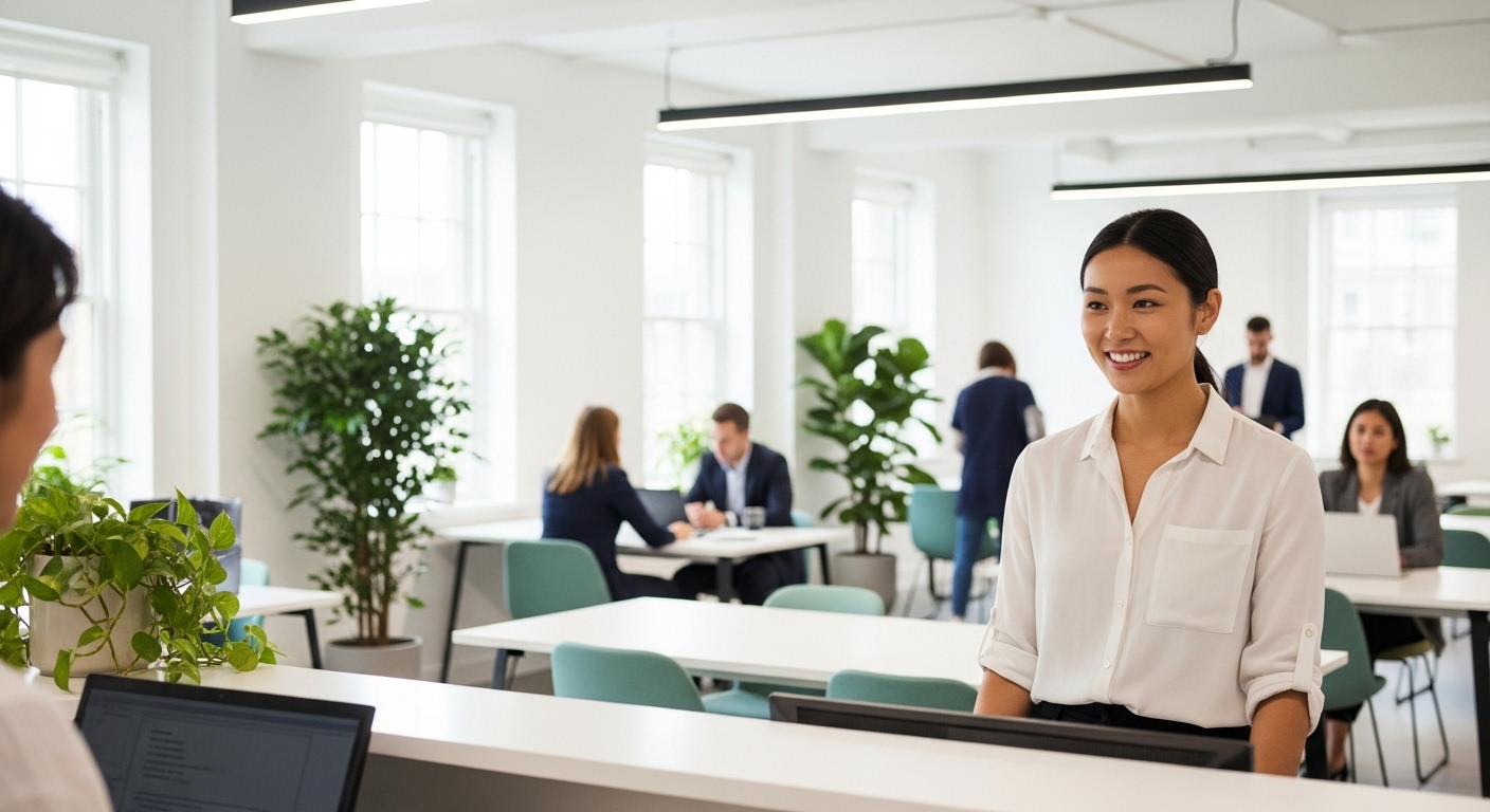 Woman being greeted at the reception of an office