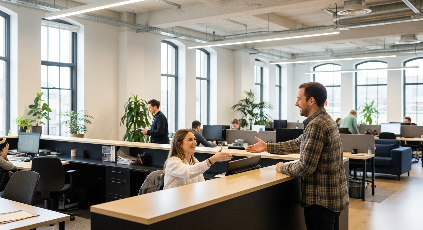 Woman greeting man in modern office space