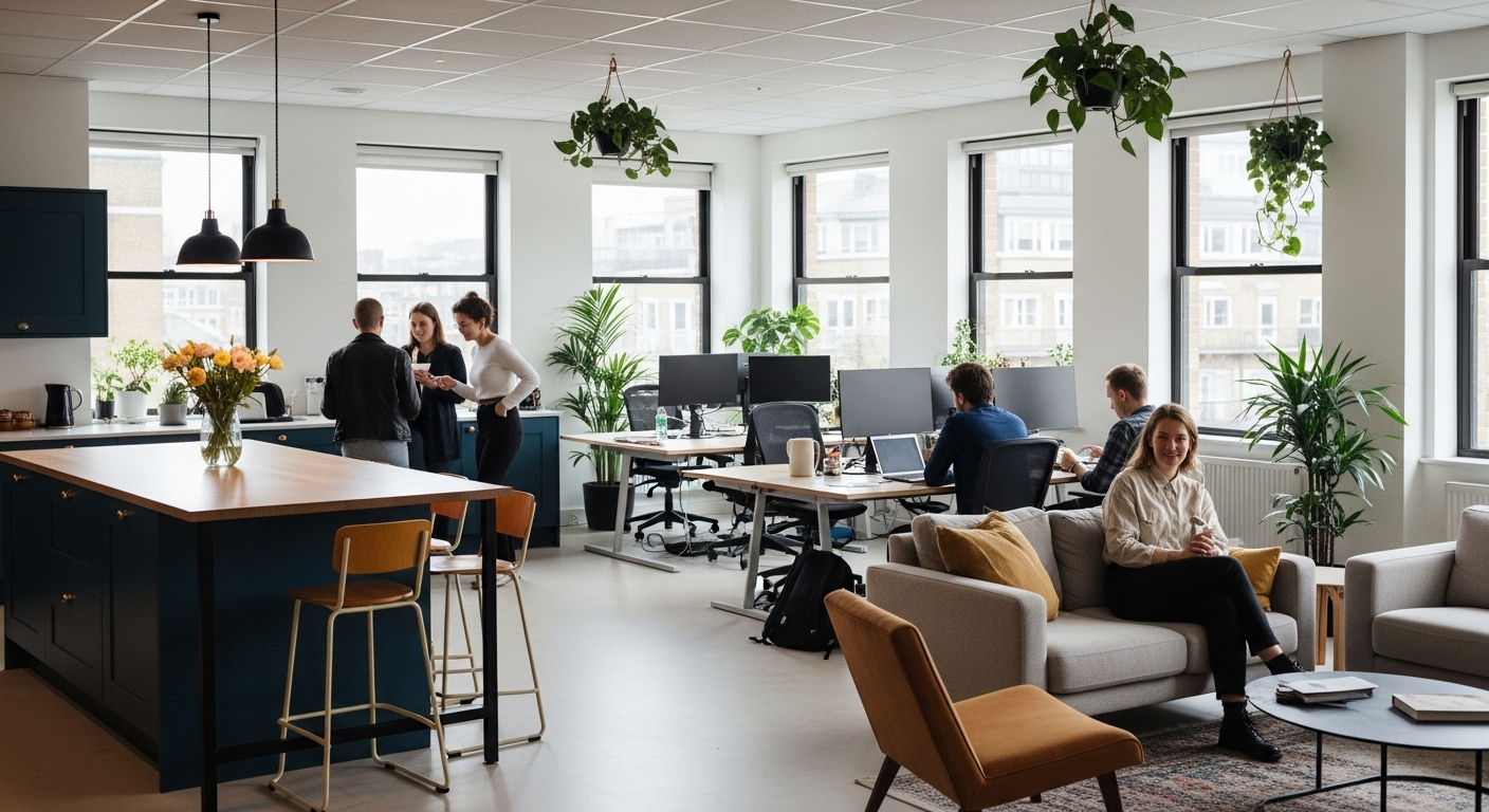 Relaxed office space in London with staff relaxing and working