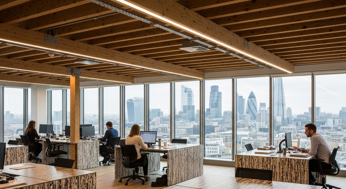 people sitting in a modern green office