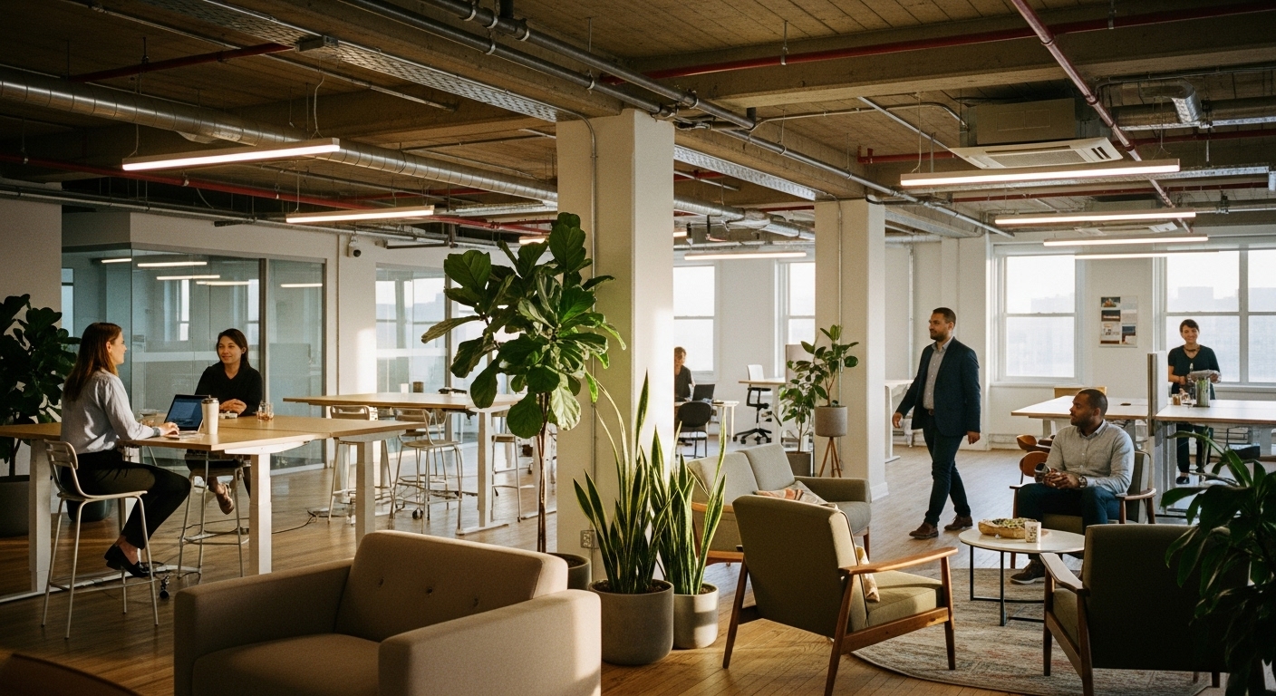 Office space with exposed brick and office plants throughout. 