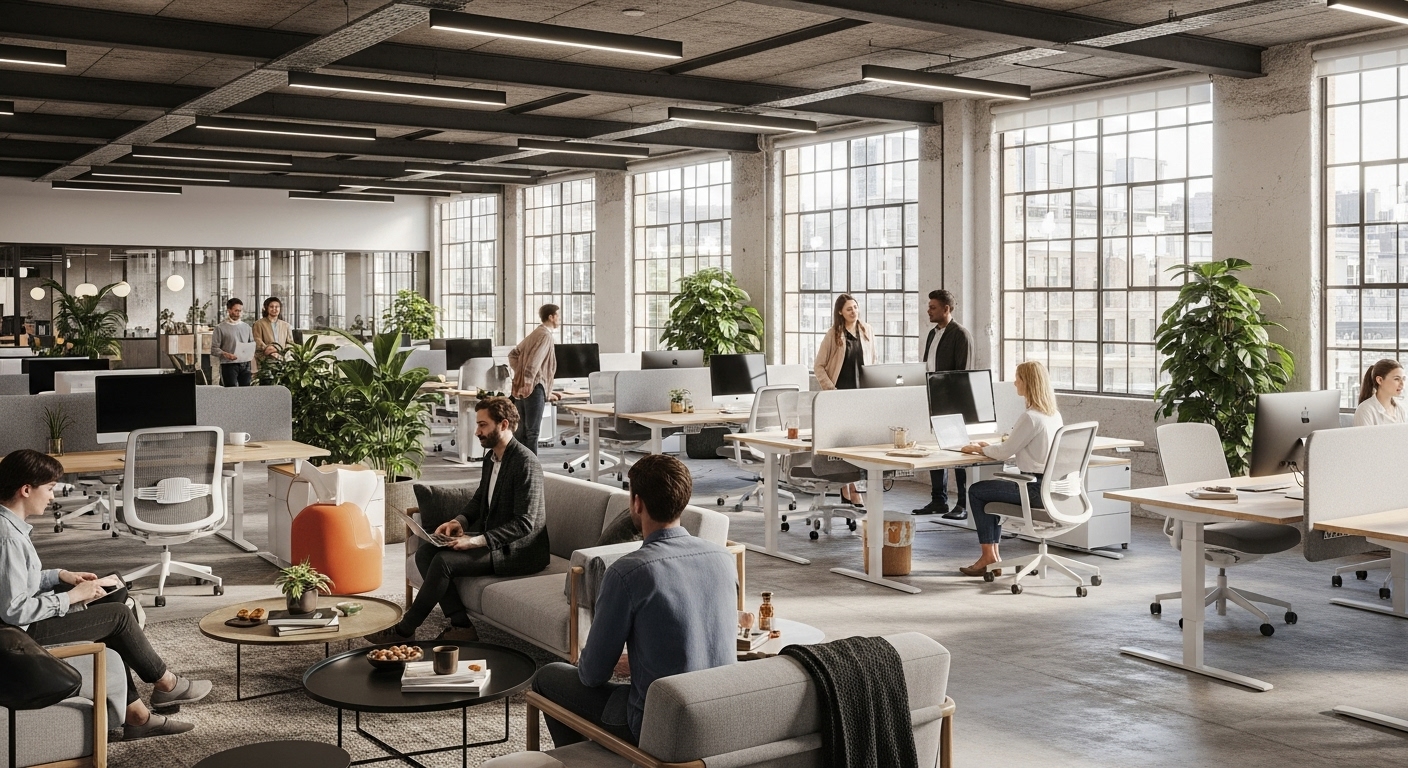 A modern open plan office with modern furniture 