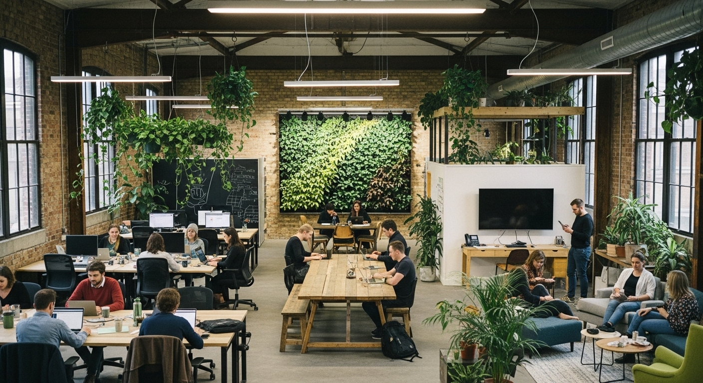 employees sitting and working in a rustic south london office space