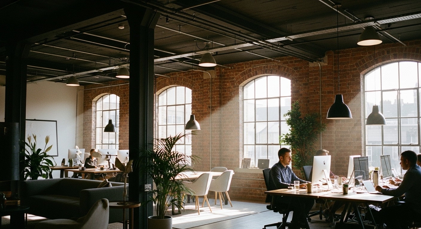 people working and conducting meetings in a minimal office setting