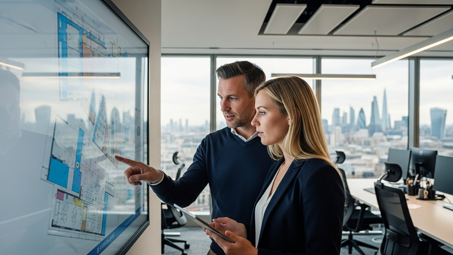 consultants reviewing the london office plans to get the maximum value