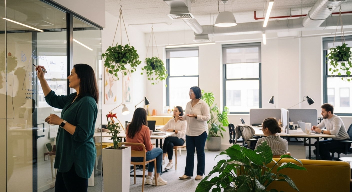 team discussing projects in an office