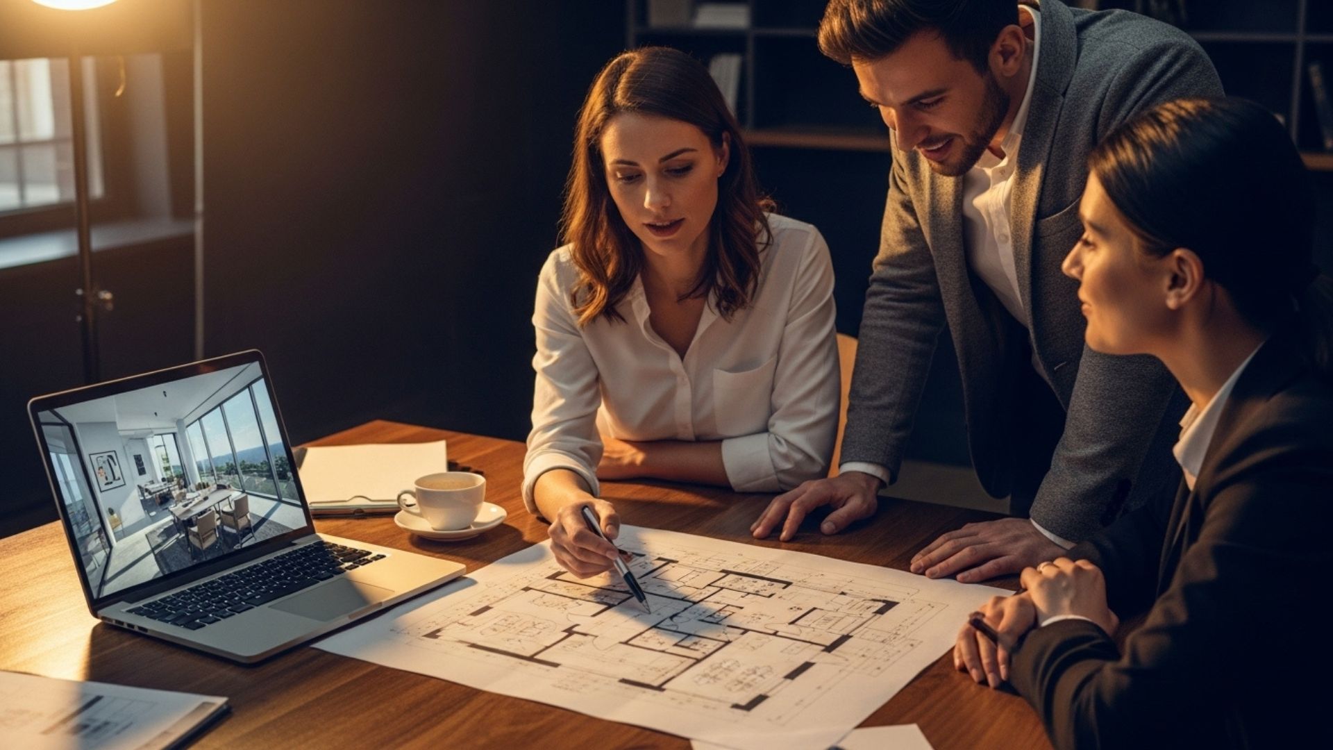 team reviewing office floor plan in london
