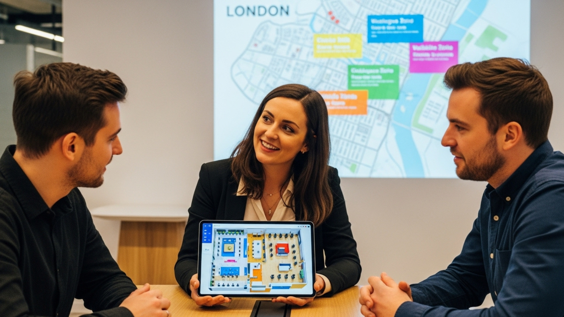 professionals discussing the office layout