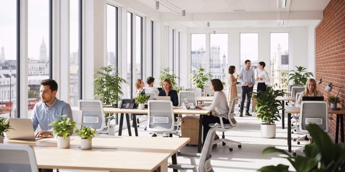 A modern office, with bright windows