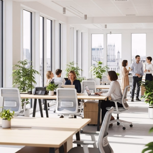 A modern office, with bright windows