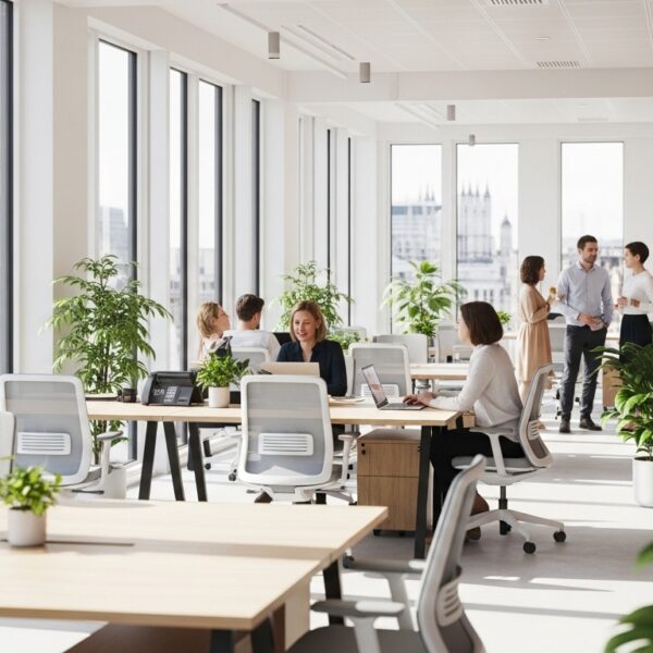 A modern office, with bright windows