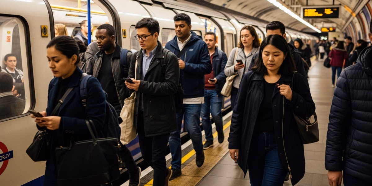 Commuters departing the tube in London