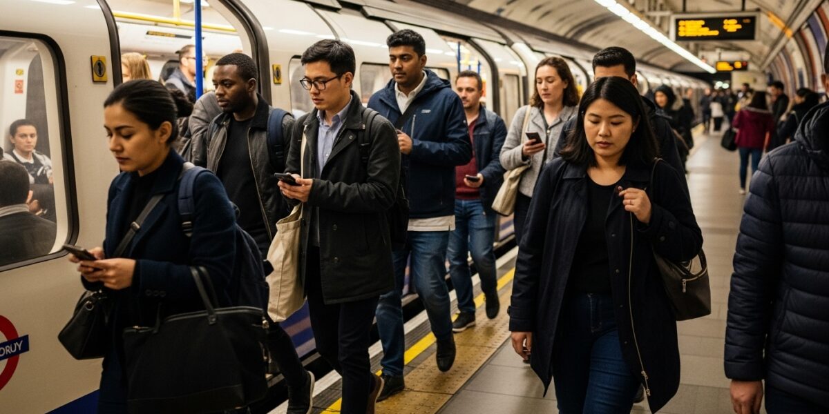 Commuters departing the tube in London