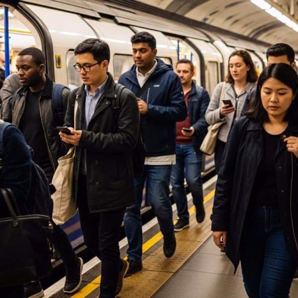 Commuters departing the tube in London