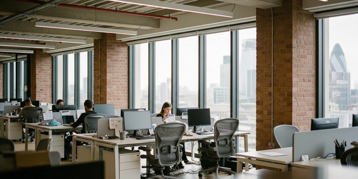 Modern office space, exposed bricks and desks with computers