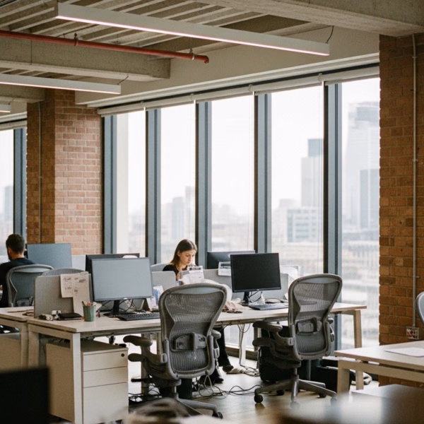 Modern office space, exposed bricks and desks with computers
