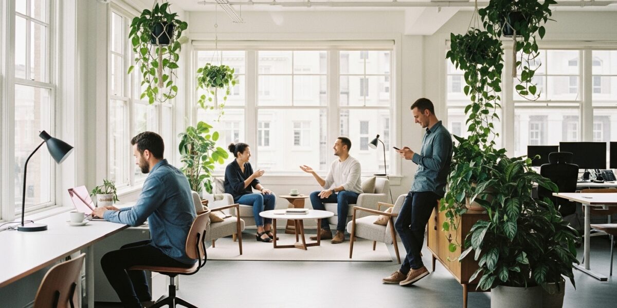 people chatting in an office space about employee retention