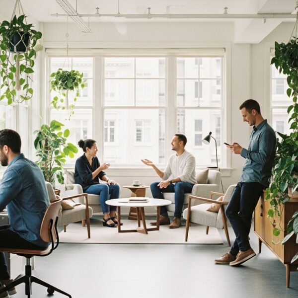 people chatting in an office space about employee retention