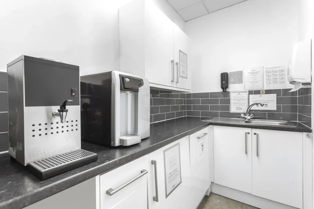 Kitchen facilities at a serviced office in Coventry